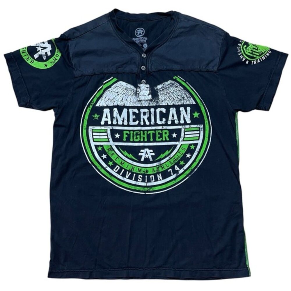 American Fighter Athletics Tee Black Green XL Made in USA Henley Graphic MMA Gym